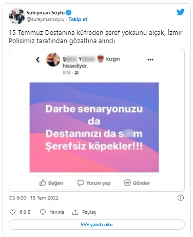 Bakan Soylu açıkladı! 15 Temmuz Destanına küfreden alçak gözaltında